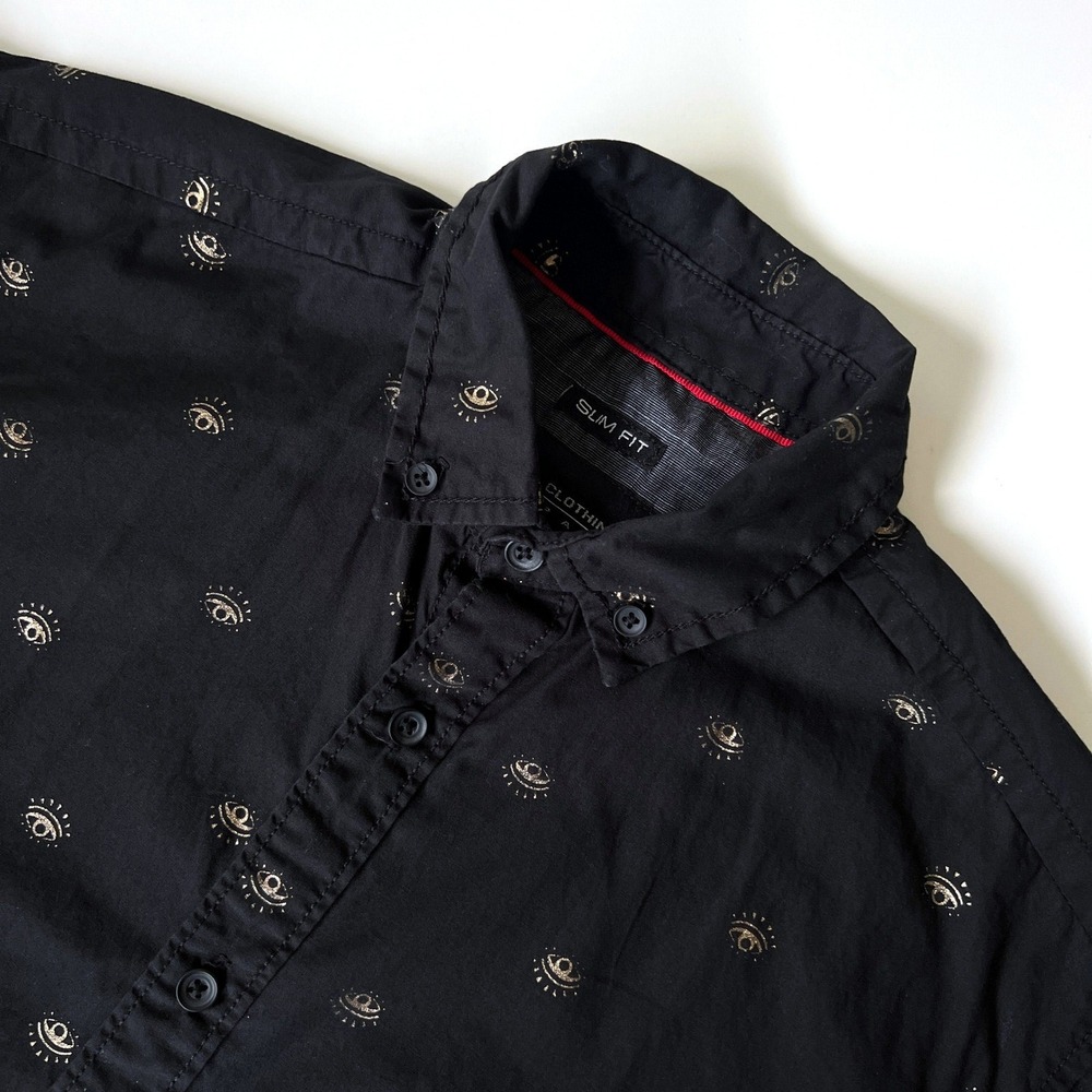 Drill Clothing Co Slim Fit Eye Print Button Up Shirt Mens M Black Gold